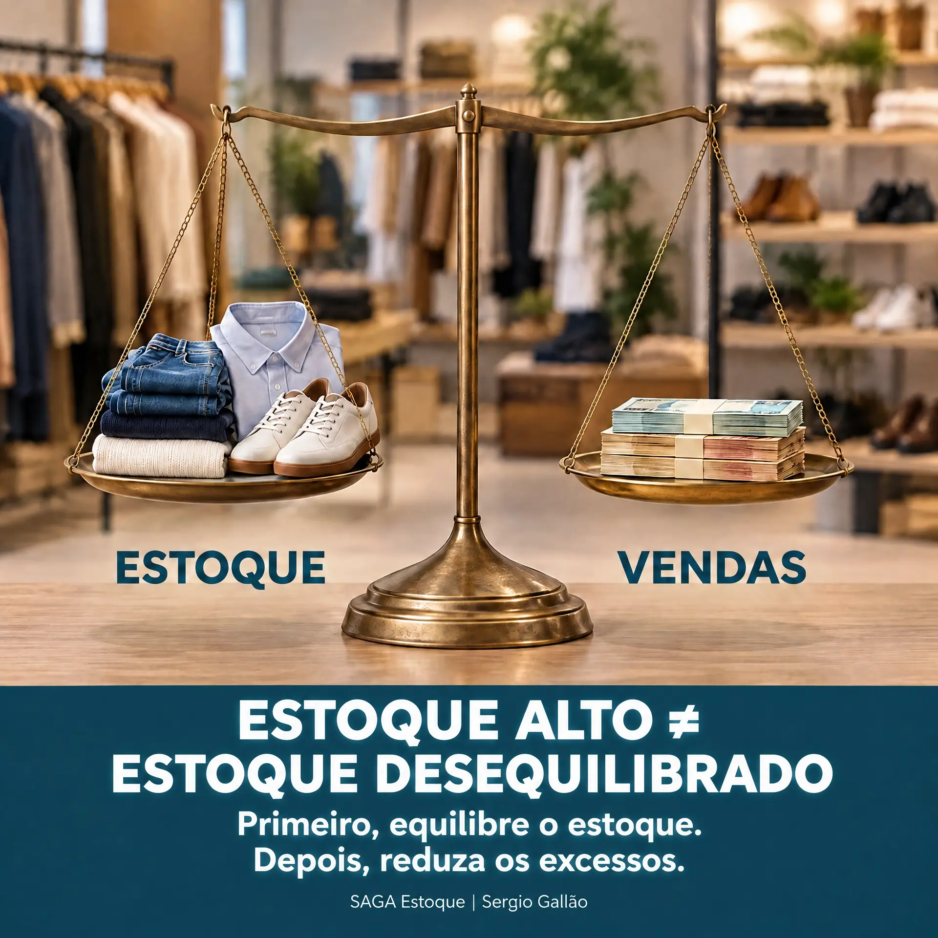 Balança comparando estoque e vendas: estoque alto não é estoque desequilibrado